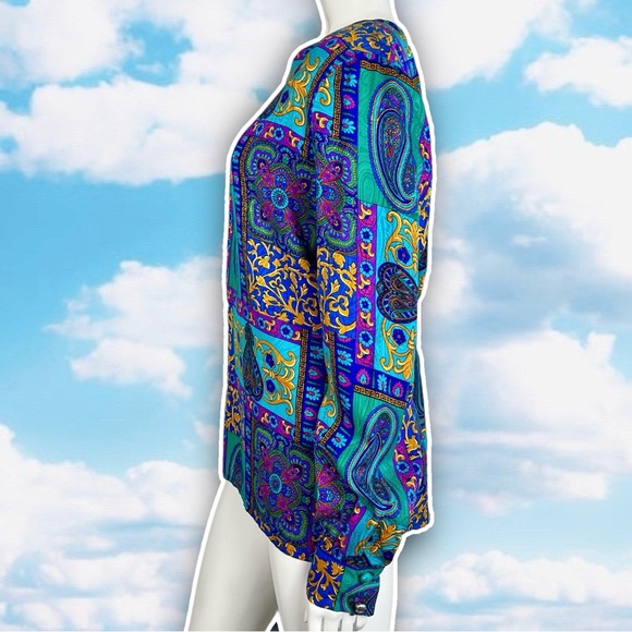 ADRIANNA PAPELL Vintage Silk Bright Paisley Balloon Sleeve Blouse Career Artsy - Picture 4 of 11